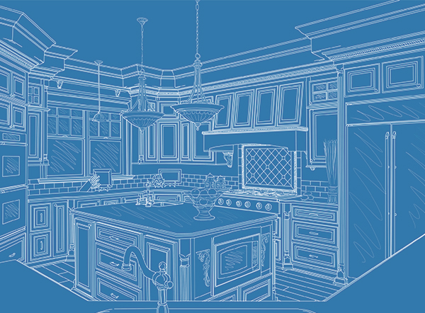 A blueprint of a kitchen