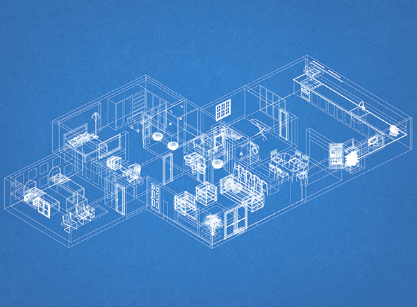 A blueprint of a house and its furniture